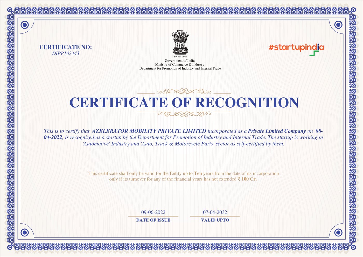 DPIIT Certificate of Recognition for Azelerator Mobility Private Limited